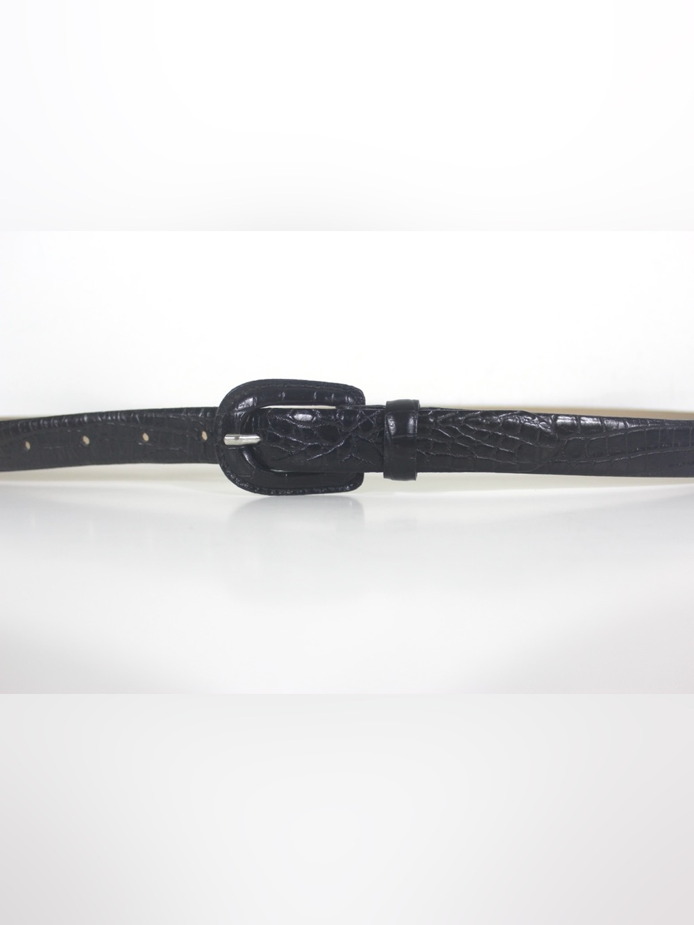 Italian Narrow Croc Embossed Black Leather Belt with Self Covered Leather Buckle